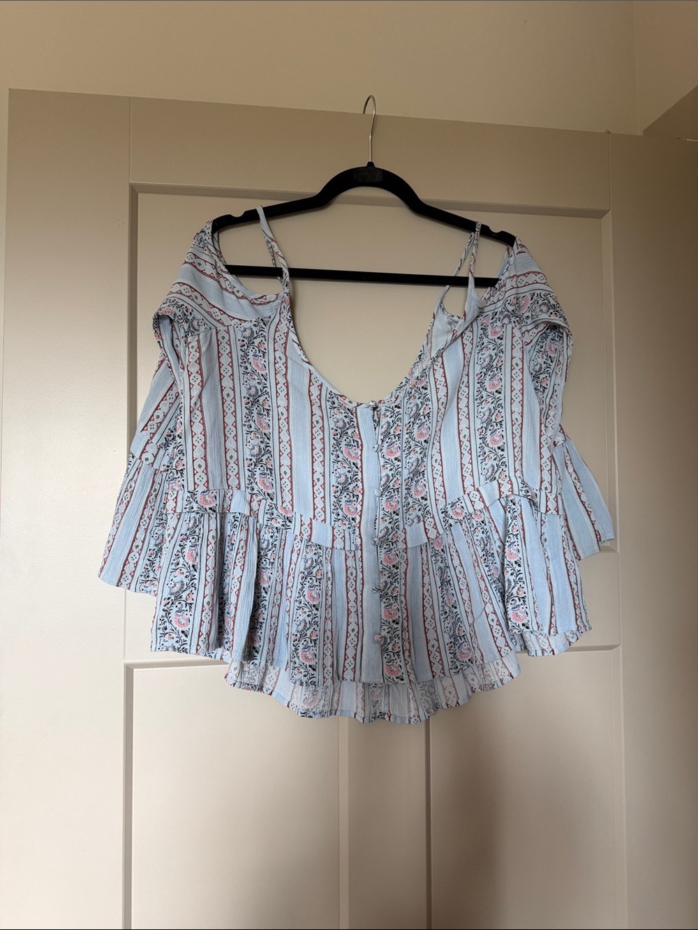 American Eagle Outfitters Pale Blue Floral Stripe Off-Shoulder Blouse